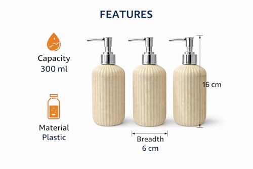 Image of LAGET 300ml Soap Dispenser for Wash Basin - Plane Ribbed Design | Kitchen and Bathroom Accessories Items | Refillable Handwash Dispenser Bottle- Set of 3 (Peach)