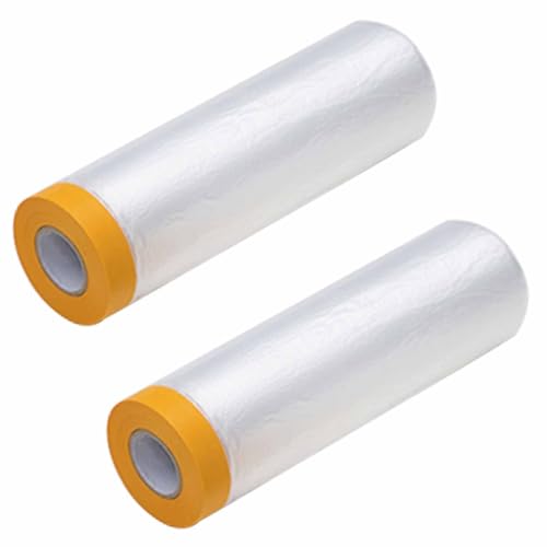 HRJZF 2 Pack Dust Sheet Rolls, 280cm x 20m Masking Film Rolls with Self-Adhesive Tape, Drop Film Pre-Taped Masking Film for Painting Decorating Covering