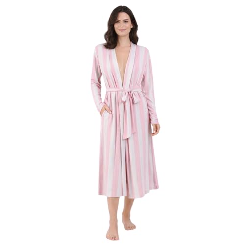 StandAwt Viscose from Bamboo Womens Robe Long with Pockets (US Alpha Small Medium Regular Regular Pink White Stripe)