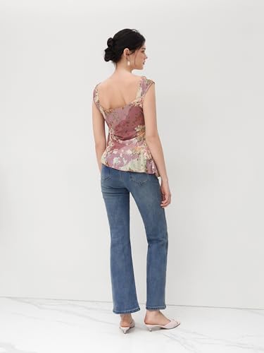 CIDER Tank Tops Floral Mesh Top Ruffle Trim Asymmetrical Knotted U Neck Sleeveless Casual Going Out Top4