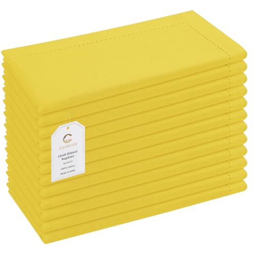 Comfy-co Set of 12 Hemstitch Cloth Napkins 100% Cotton 18x18 inches - Soft Durable Washable - Ideal for Events Wedding Christmas Easter - Perfect Everyday Use Table Dinner Napkins Yellow
