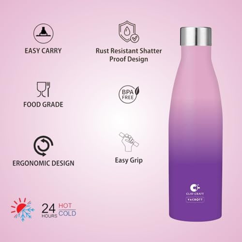 Image of Clay Craft Vacbott Gerald Double Tone Double Walled|18 Hours Hot and 24 Hours Cold Vacuum Insulated|Thermosteel|Flask 500ml|2 Pcs, Steel Bottles for Travelling|BIS Certified|1Year Limited Warranty