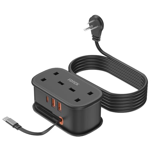 UK to US Plug Adapter with 1.5M Extension Cable FDTEK 2 Way Travel Extension Lead with 3 USB Slots & Retractable USB C Cable Type B Travel Adapter for American Thailand Canada Mexico