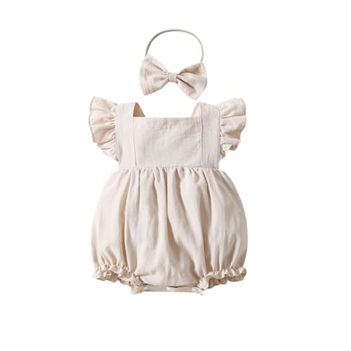 Yanmucy Ropa Bebe Niña Algodón Verano Nacido Niño Mono de Volantes Recien Nacido Sin Espalda Body con Cinta de Pelo Verano Bebé Mono Trajes 0-18 Meses (Beige, 12-18 meses)