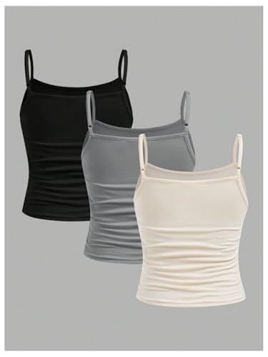Image of SOLY HUX Girl's Tank Tops 3 Packs Cute Ruched Spaghetti Strap Camisole Slim Fit Undershirts