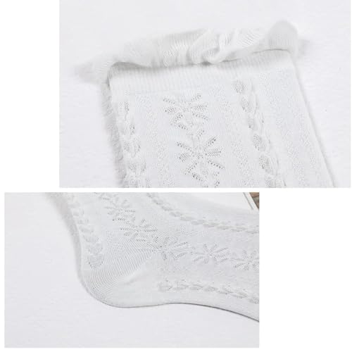 Zbssny 4 Paar Trachtensocken Damen, Weiße Rüschen Socken Baumwoll Mit Hohl Muster für Spitzen Socken mit Rüschen Damen Gestrickt Crew Söckchen