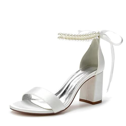 Block Heel Pearl Wedding Shoes for Bride Women Heeled Sandals Bridal Heels Chunky