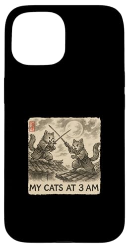 おもしろ墨絵 かわいい水墨画 日本人 私の猫 午前3時 スマホケース iPhone 15 用