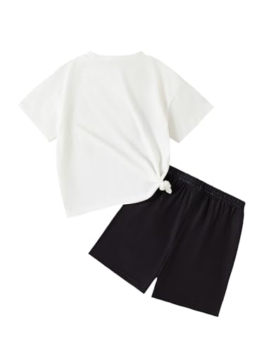 Image of Toddler Summer Outfits for Girls Cute Graphic Crewneck Top T-Shirt & Biker Shorts Set 2 Piece Tracksuit
