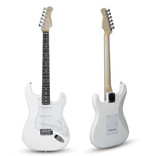 Image of Medellin MDE1WH 38 inch ST-Style Electric Guitar | Linden Wood Body | Maple Neck | SSS Single-Coil Pickups | 5-Way Switch | Tremolo Bridge | Gig Bag + Learning Course | White