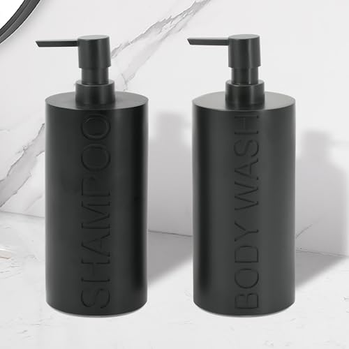 2-Pack Matte Black Resin Refillable Shampoo & Body Wash Bottles – Modern Bathroom Pump Dispenser Set, Durable Resin Shower Containers with Embossed Labels, Reusable Pump Bottle by Indecor Home - Image 6