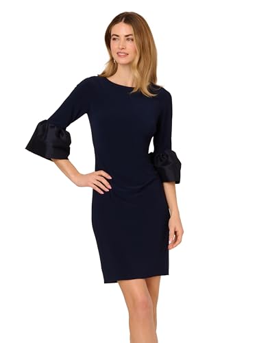 Image of Adrianna Papell Stretch Jersey Side Ruched Dress with Bell Sleeve Detail