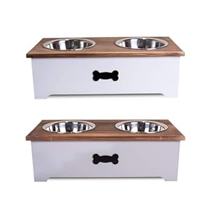 Luxury Dog Food Feeding Stand Station Stainless Double Raised Bowls Wooden Crate (Grey)