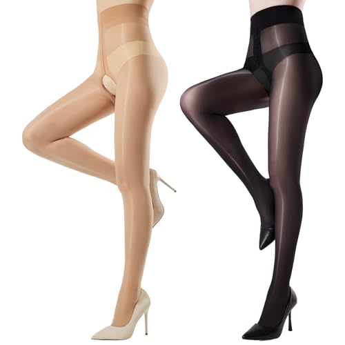 Yilanmy 2 Pairs Shiny Sheer Tights for Women Oil Shimmer Pantyhose Control Top Glossy Stockings
