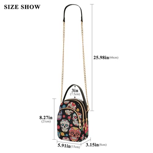 Womens Shoulder Purse Colorful Skulls Red Floral Black Quilted Chain Strap Phone Wallet Handbag Cute Zipper Ladies Clutch Satchel, 5.9" × 8.3" × 3.1"3