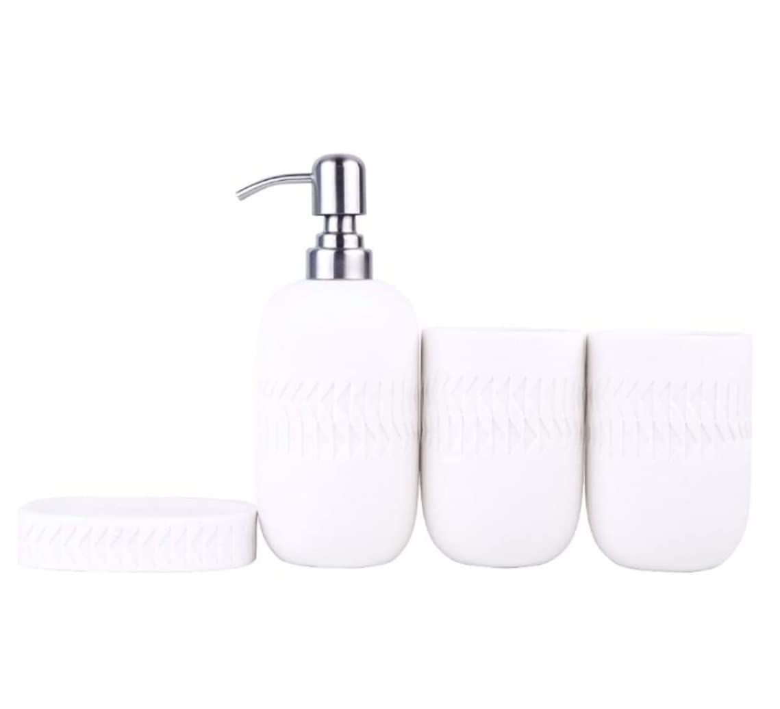 Badezimmer Set Seifenspender Set Badezimmer-Sets Aus Sandstein, 4-teiliges Badezimmer-Zubehör-Set, Lotionspender Mit Seifenschale Aus Edelstahl Deko Badezimmer (Color : C)