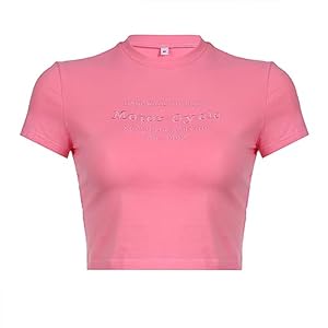 Womens Y2k Letter Graphic Baby Tee Crop Tops for Teen Girls Aesthetic Slim Fit Casual Summer 2000s Streetwear T-Shirt