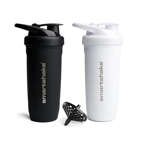 Smartshake Stainless Steel Protein Shaker Bottle for Protein Mixes 2 Pack, 30 oz | Leak Proof Shaker Cups for Protein Shakes | Blender Bottle Shaker | Protein Shaker Pack, Non-Insulated, Black & White