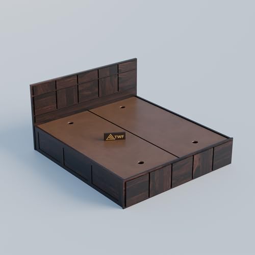 Image of Solid Sheesham Wood Queen Size Bed with Storage Box | Double Bed for Bedroom | Plan Panel Design Wooden Double Bed Cot for Home & Hotels | Rosewood, Walnut Finish