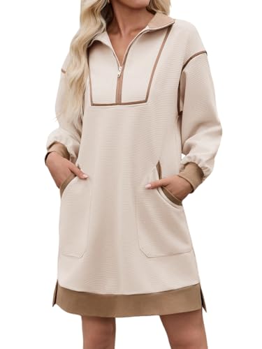 Image of Wenrine Womens Half Zip Sweatshirt Dress Fall V Neck Contrast Mini Dresses