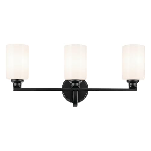 Image of Kichler Gioe 24.25 in 3-Light Bathroom Vanity Light Fixture with Opal Glass in Black, Modern Wall Mount Over Mirror for Powder Room, Damp Rated (24.25 in W x 10.5 in H), 55226BK
