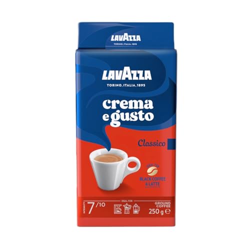 Lavazza, Crema e Gusto Classico, Café Molido Natural, Ideal para Cafetera Italiana, de Filtro y Francesa, con Notas Aromáticas de Especias, Arábica y Robusta, Intensidad 7, Tueste Oscuro, 250 g