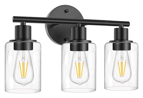 LVSEWOA Lámpara de Pared Negra para baño, Aplique de Pared de 3 Luces, lámpara de tocador con Pantalla de Vidrio Transparente, Espejo, Cocina, Dormitorio, Sala de Estar.