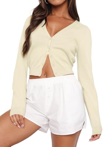 Cardigan Sweater Womens CSummer Cropped Tops Long Sleeve Button Shirt Lightweight Jackets V Neck Sweaters Fall Tops Apricot S2