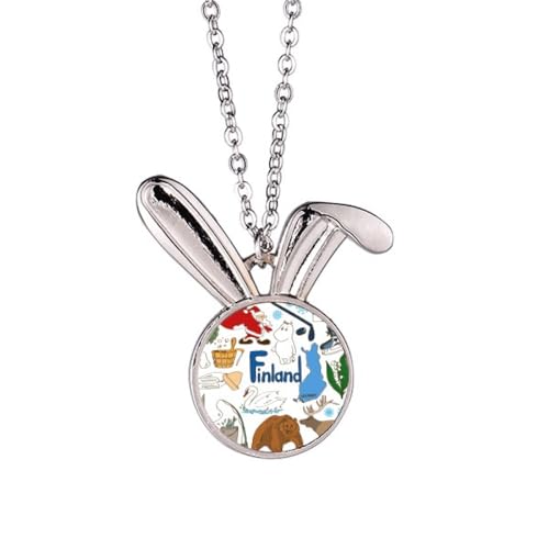 Collier drapeau Finlande et lapin en pendentif argenté pour homme et femme