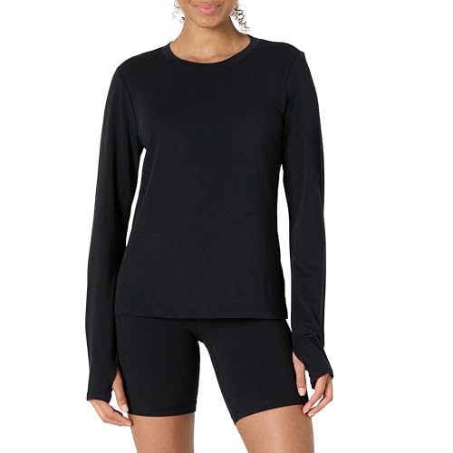 Amazon Essentials Womens Active Soft Cotton Regular Fit Crewneck Long Sleeve Lightweight Yoga Workout T-Shirt Black Large
