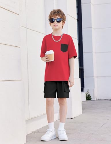 Image of Arshiner Boys' 2-Piece Cotton Outfit Short Sleeve Crewneck T-Shirt & Cargo Shorts Set Summer Casual Clothes for Kids 5-13