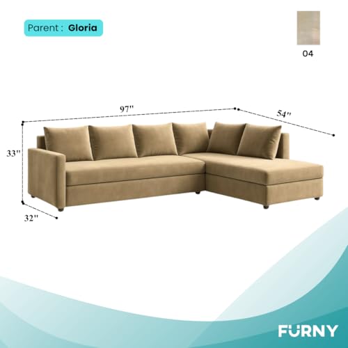 Image of FURNY Gloria 6 Seater Fabric RHS L Shape Sofa Set (Beige) Premium Velvet Finish | Durable Comfort | Ideal for Living Room