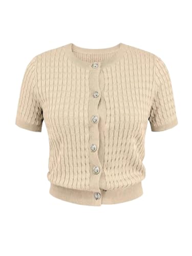 GORGLITTER Women's Button Up Cardigan Cable Knit Short Sleeve Fall Sweaters Dressy Crewneck Business Casual Outfits3