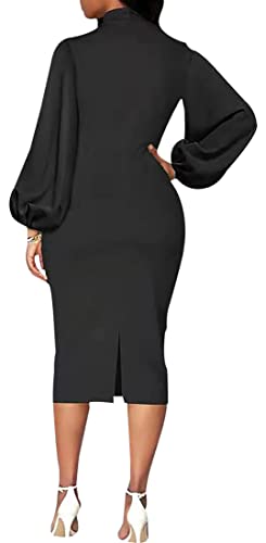 Image of Sexy Long Sleeve Dress for Women Solid Color Bow Knot Turtleneck Formal Gown Midi Casual Church Dresses