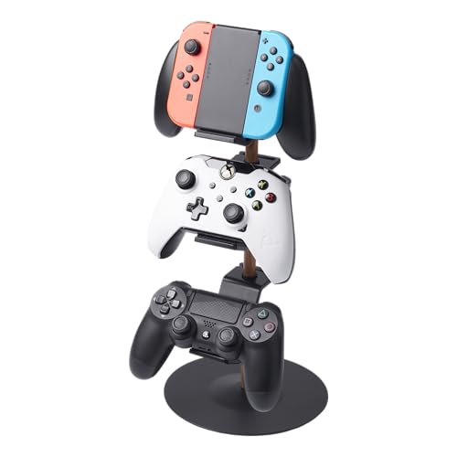 YAMAZAKI Home Tower Universal Game Controller Stand – Adjustable 4-Tier Holder for Controllers & Headsets - Steel + Wood
