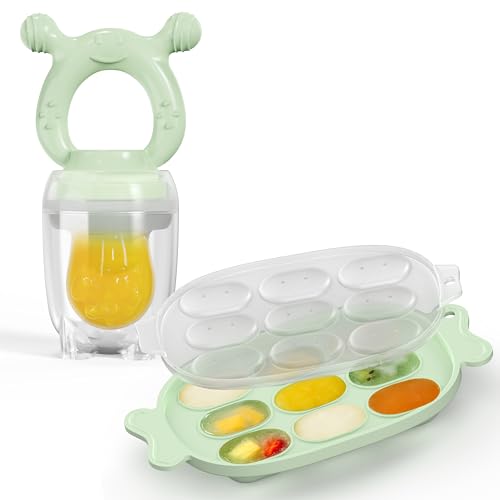 Image of Silicone Baby Fruit Feeder with Freezer Nibble Tray Combo, Baby Teethers, Breastmilk Popsicle Molds for Teething Relief, BPA Free Fresh Food Feeder for Safe Infant Self Feeding (Sage Green)