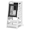 Toetol bamboo toddler kitchen stool for kids step stool white little helper tower adjustable height with learning black white activity board1  urban country home decor