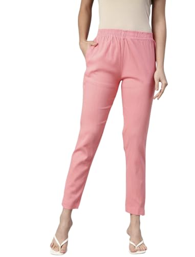 Image of MINELLI Women Solid Cigar Pants, Cotton Lycra Slub Fabric, Elasticated Waistband, Pull On Style, Regular Fit Bottom Wear for Western and Ethnic Wear