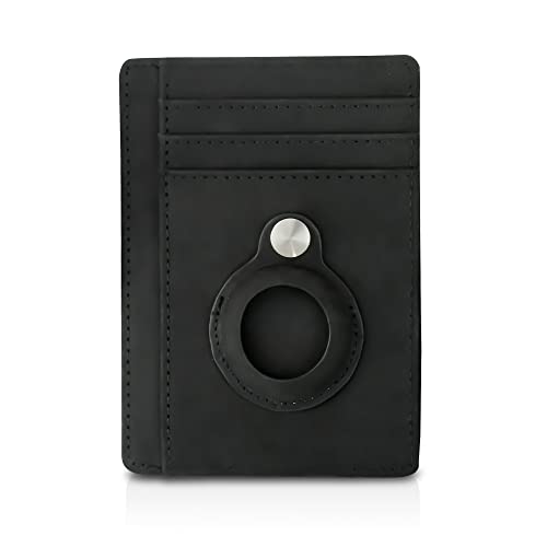 AirTag - Cartera para tarjetas, bolsillo resistente, delgado y ligero, con soporte RFID integrado para Airtag, impermeable, cuero negro auténtico, accesorios de regalo para él y ella, unisex, negro