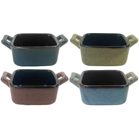 Set Of 4 Ceramic Oven Dishes with Handles Square Mini Tapas Pie Ramekins Cover