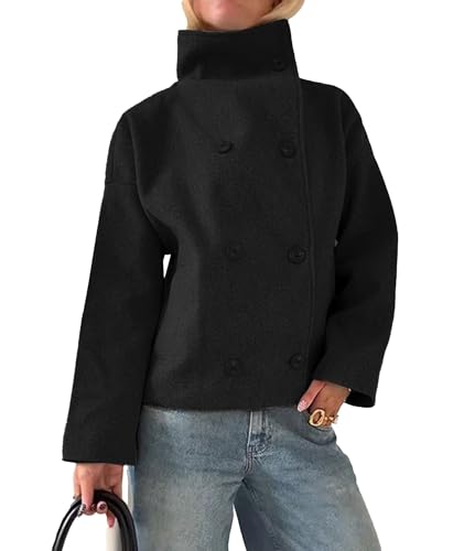Raboolion Women's Fashion Turtleneck Wool Blend Jacket Slim Fit Double Breasted Short...