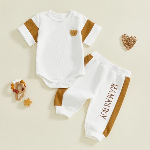 Image of Babieshouse Newborn Baby Boy Clothes Mamas Boy Bear Embroidery Long Sleeve Romper Pants Set Fall Winter Outfits 3-18 Months