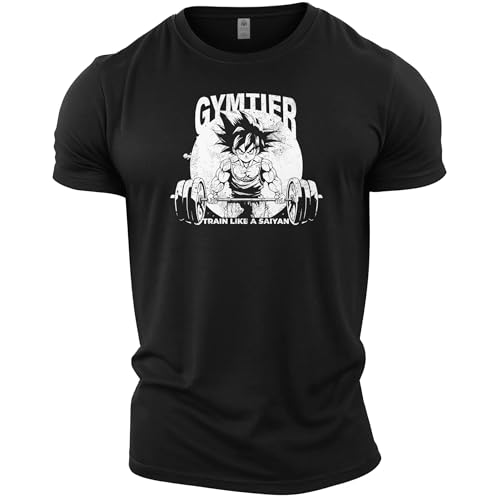 GYMTIER Entrena como un Saiyan Anime Camiseta de gimnasio para hombre de culturismo, entrenamiento, levantamiento, ropa de entrenamiento, Negro, M