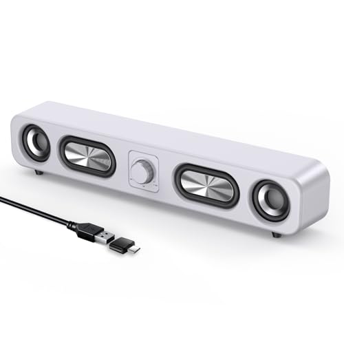 Uakinat Computer Speakers, HiFi Sound Quality Computer Sound Bar,Wired USB-Powered Sound-bar with 6W Stereo Sound for Desktop, Laptops, PCs, Phones, Tablets, Xbox, Gaming Speakers(White)