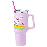 Silver Buffalo Sanrio Hello Kitty Spring and Summer Flowers Rainbow Stripes Stainless Steel Tumbler with Handle and Straw, Fits in Standard Cup Holder, 40 Ounces