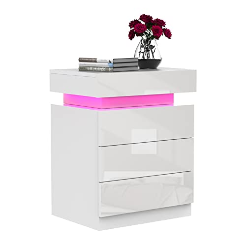 Lvhecforhm Mesilla de Noche Blanco, Mesita de Noche con Luz Led, Mesa Moderna Noche 3Cajón 16Colores Iluminación, Mesillas de Noche Dormitorio Blancas 45x35x61cm, Mesa Noche Para Sala Estar Dormitorio