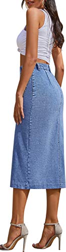 Elstaroa Women's Casual High Waisted Solid Button Up Denim Jean Skirt Light Blue #TOP3