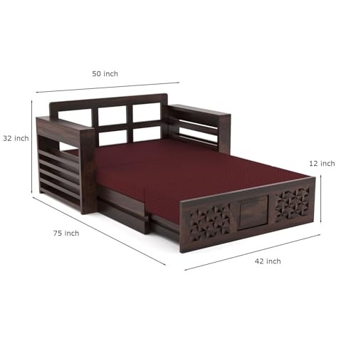 Image of Solid Sheesham Wooden 2 Seater Sofa Cums Bed with Mattresses for Home Living Room | Rosewood 2 Seater Sofa Cums Bed for Bedroom Without Pillow | Wooden Sofa Bed (Walnut, 2 Seater)