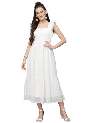 Image of Sugathari Georgette Jacquard Butti Square Neck Knee Length Western Dresses for Women (Dress2 89)