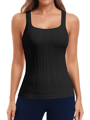 Image of ATTRACO Ribflex Workout Tank Tops for Women Seamless Full Length Gym Tops Athletic Yoga Top Built in Bra